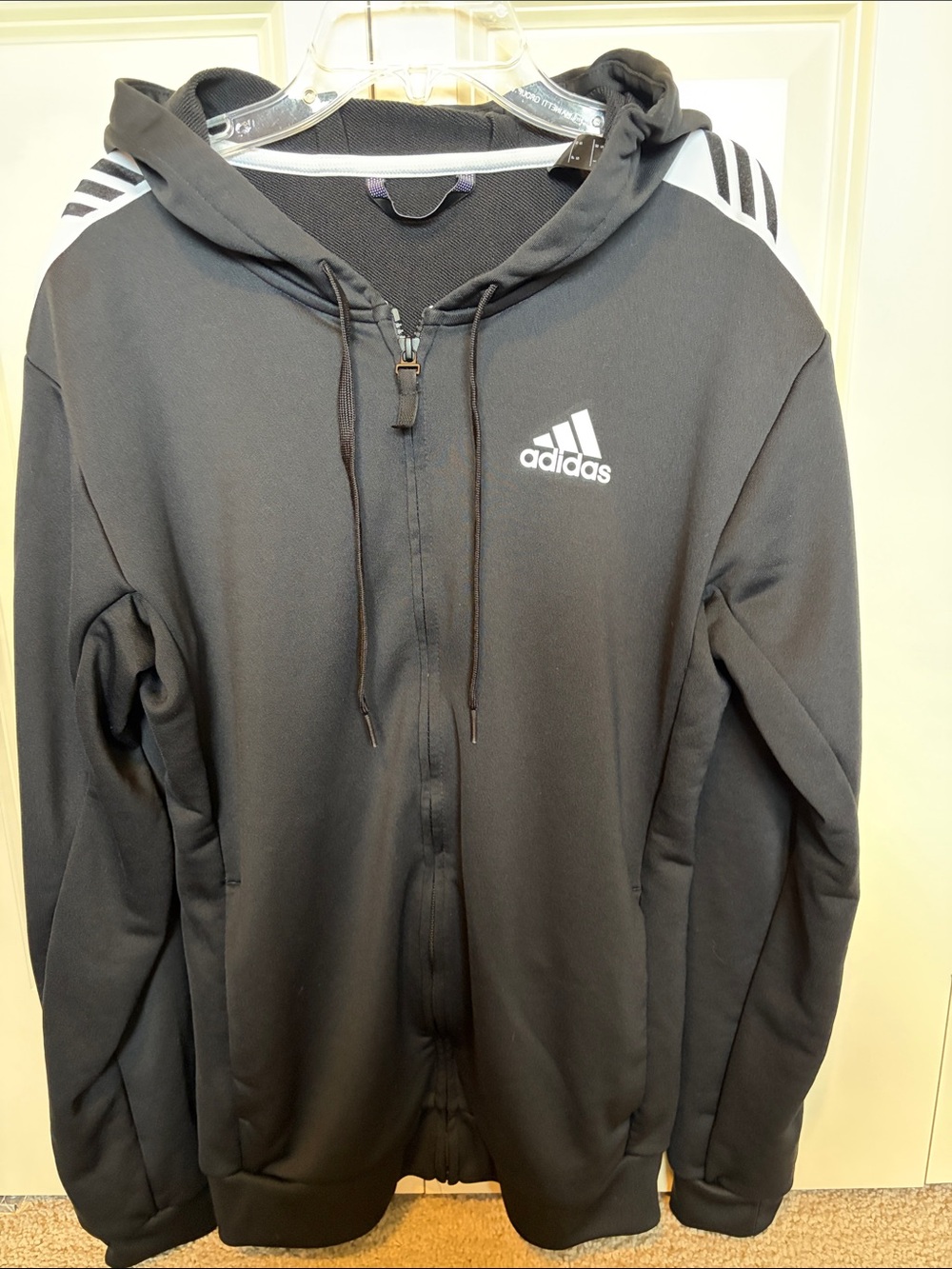 adidas Black Hooded Full-Zip Sweatshirt with White Stripes